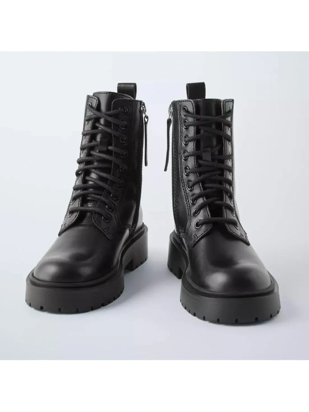 New ZARA Black Lace-Up Combat Boots